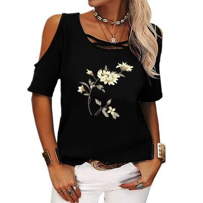 Women Fashion Round Collar Short Sleeve Tee Shirt Ladies Casual Off Shoulder Top Summer Floral Printed T-shirt