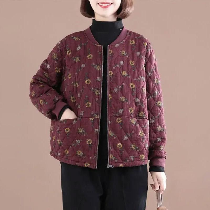 

Хлопковая стеганая куртка, женская осенне-зимняя теплая и удобная утолщенная куртка, повседневное свободное пальто с цветочным принтом XL