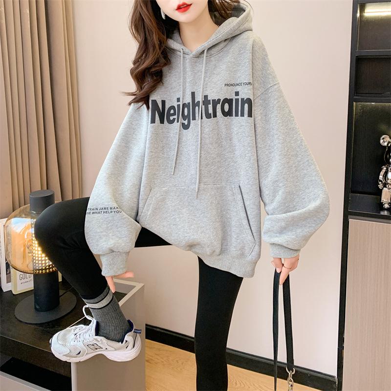 Women's Hooded Long Sleeve Oversized Casual Top Color Block Denim Splicing Letter Print Loose Fashion Hoodie Blouse
