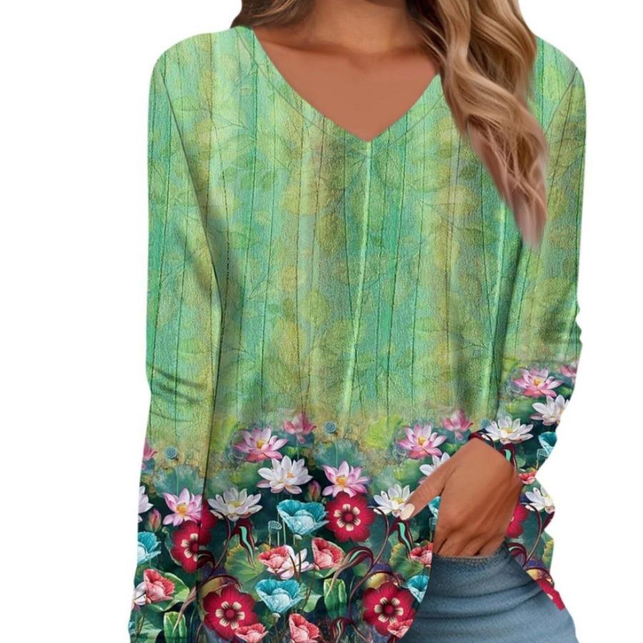 

Женская модная футболка с V-образным вырезом и длинными рукавами, винтажный топ с 3D-принтом 6XL