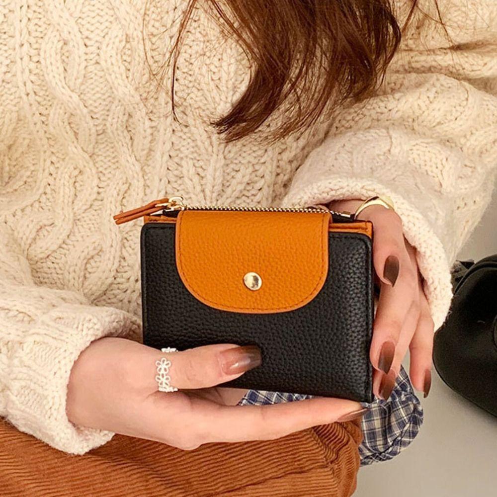 

Korean Style Contrast Color Wallet Snap Button PU Card Holder Solid Color Coin Purse Student білий