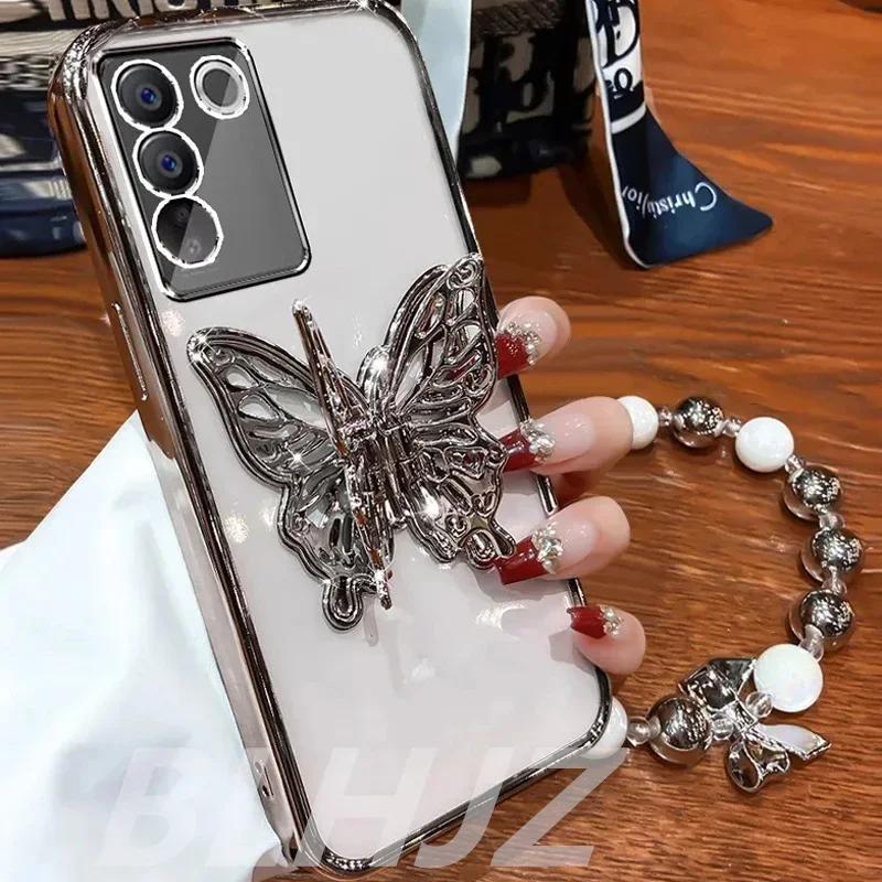 3D Butterfly Phone Holder Bead bracelet Glitter Case for Xiaomi 14T 13T 11T 12T 13 Lite POCO F6 F5 F3 M3 Redmi Note 13 Pro Cover