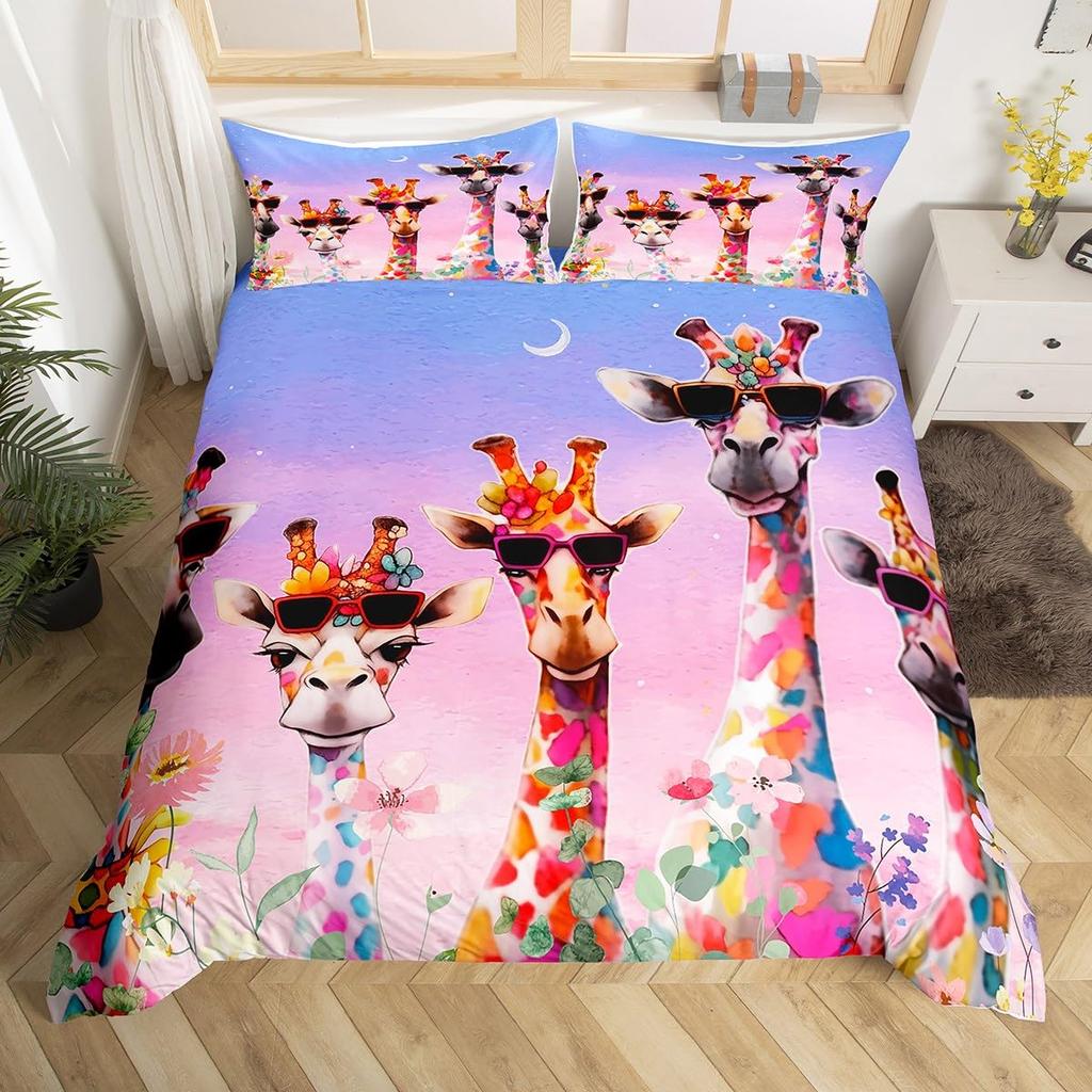 Lovely Girafe Soft Duvet Cover Set Children Kids Carton Animal Warm Comforter Cover Set Young Boys Young Girls Bedrom Decor Floral Single Quen Beding