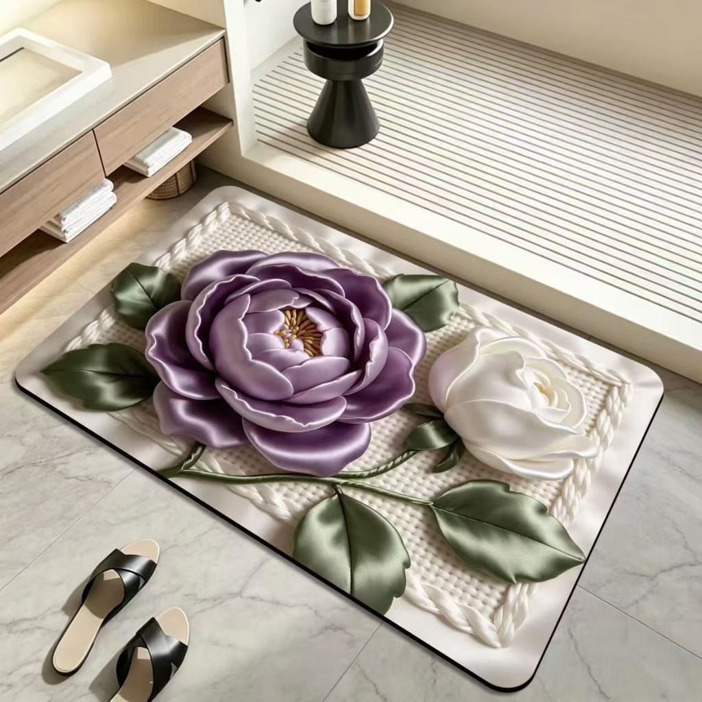 3D Flower Visual Diatom Mud Floor Mat, Household Bathroom Floor Mat, Quick-Drying Water Absorbing Foot Mat, Easy-to-Clean Bath Mat