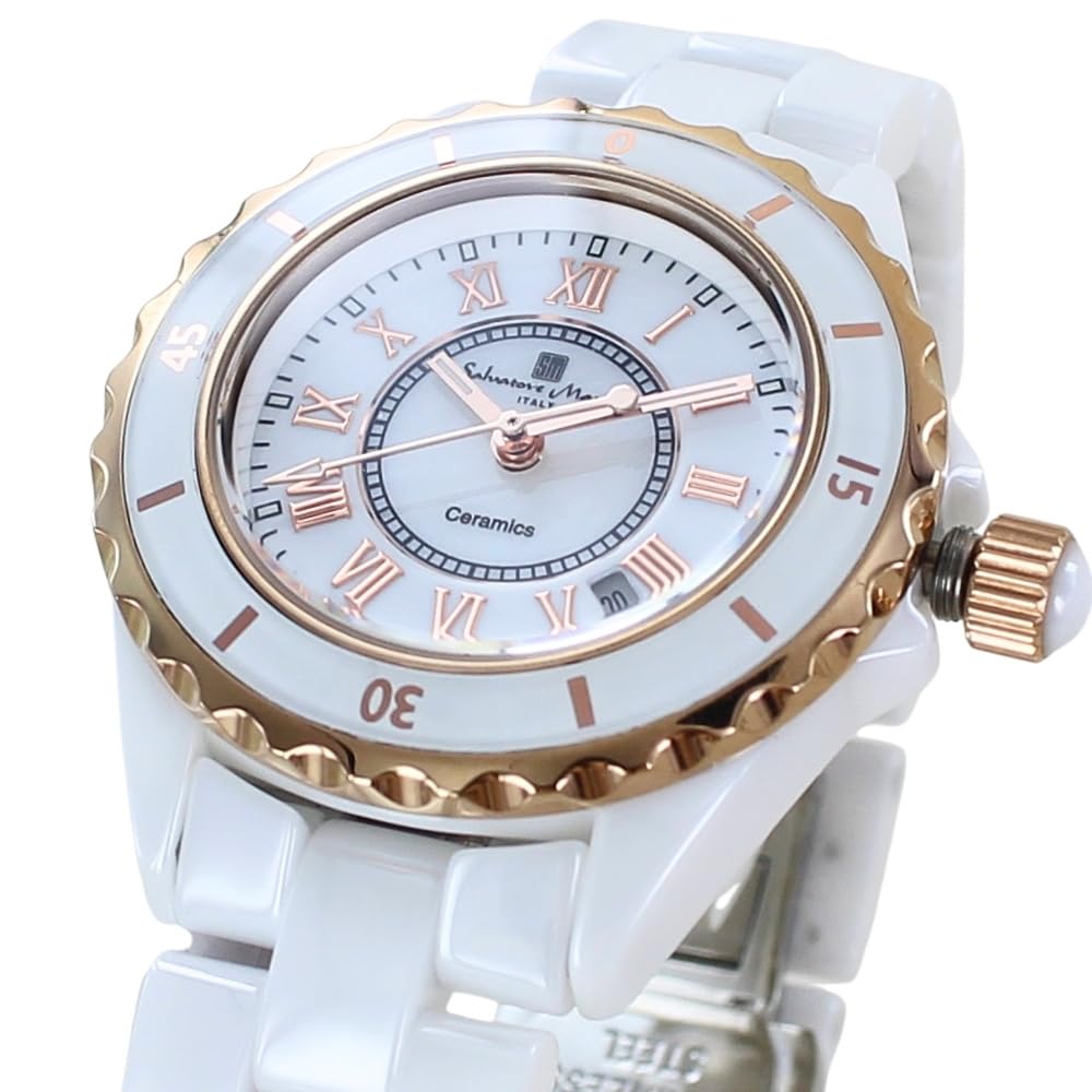 Salvatore Marra Gift Set Salvatore Marra Quartz Watch with Roman Numerals and Ceramic Strap 2 White x Rose (Pre-wrapped) Women's (No. Gold)
