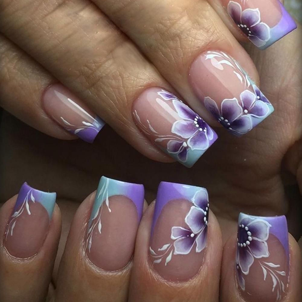 24Pcs Spring Summer Floral Green Leaf Short Square False Nails Finished Acrylic Press On Nails