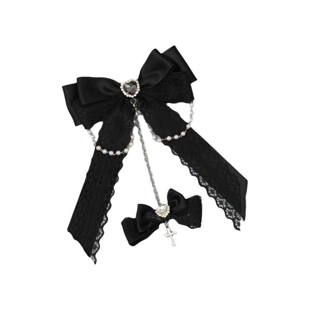 Lace Design Gothic Hair Clips Rhinestone Decoration Chain Detail Lace Bow Hair Clips Cross Pendant Bow Shape Side Barrettes