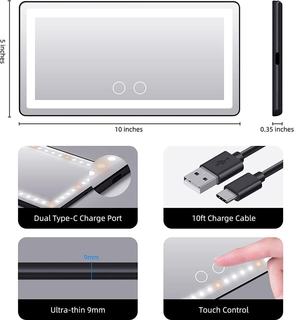 2023 Car Sun Visor Vanity Mirror, Makeup Mirror with 3 Light Modes & 60 LEDs, Rechargeable Led Light Car Mirror with Dimmable Touch