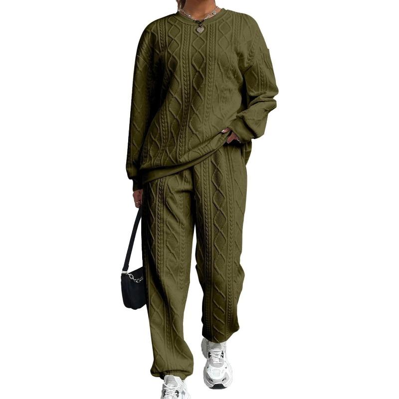 Damtröja med flätstickning, rund halsringning, långa ärmar & Joggingbyxor med resår i bensluten 2-delat Träningsset Casual Loungewear Set