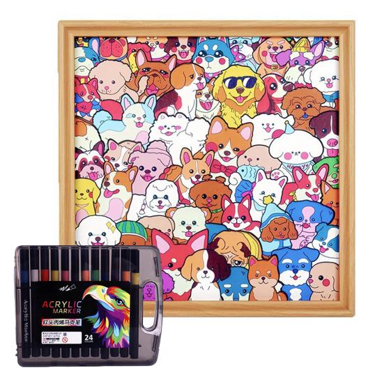 Wooden Dog Coloring Puzzle Kit DIY Paintable Puppy Jigsaw Puzzle Frame with Marker Pens Glue