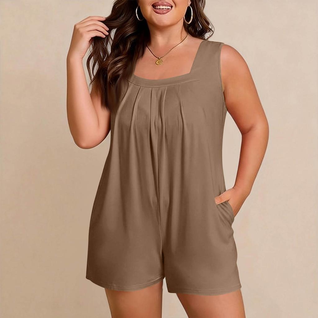 Women's Plus Size Casual Tank Top Sleeveless Pocket Jumpsuit Shorts Set