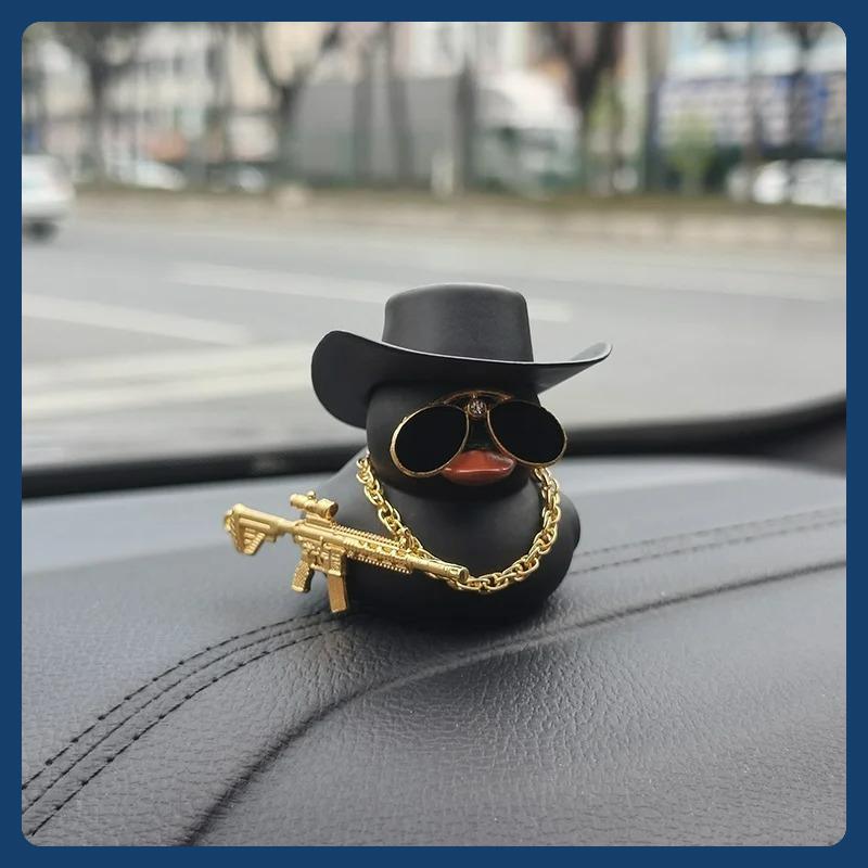 Cowboy Hat Ducks Trendy Car Dashboard Decoration Rubber Duck Office Car Decoration Ornament Black Duck with sunglasses Necklace