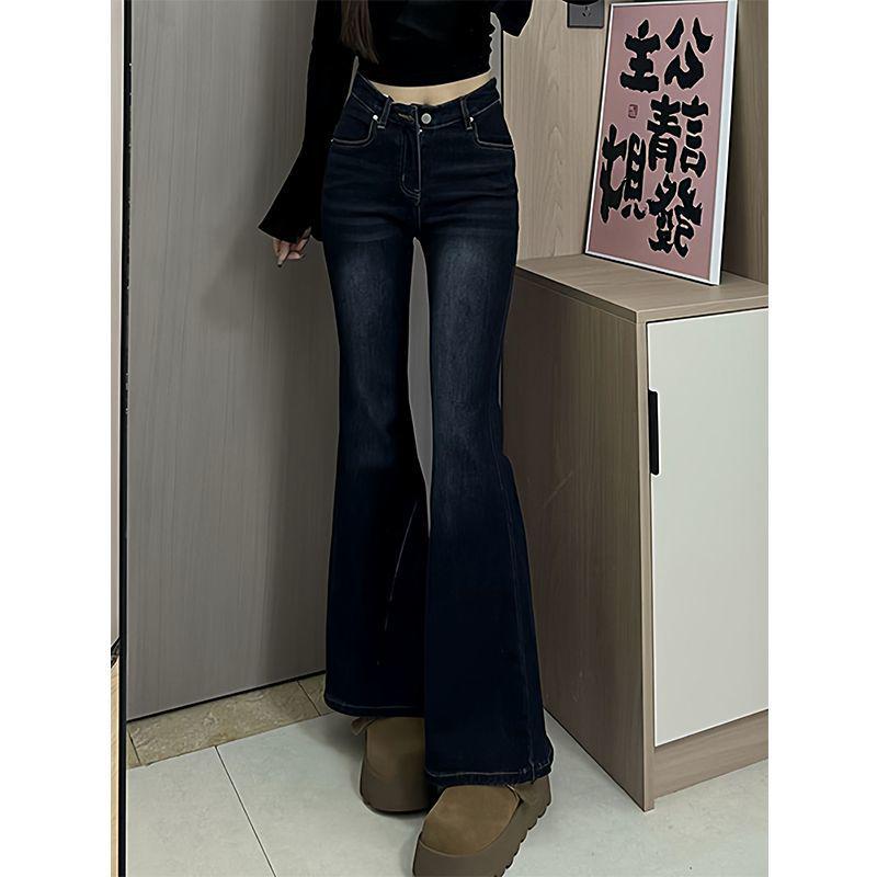 Women s Dark Blue Stretch Bell Bottom Winter Jeans: Slimming, Flattering, Plus Velvet, Versatile Retro Micro-Flare. XL