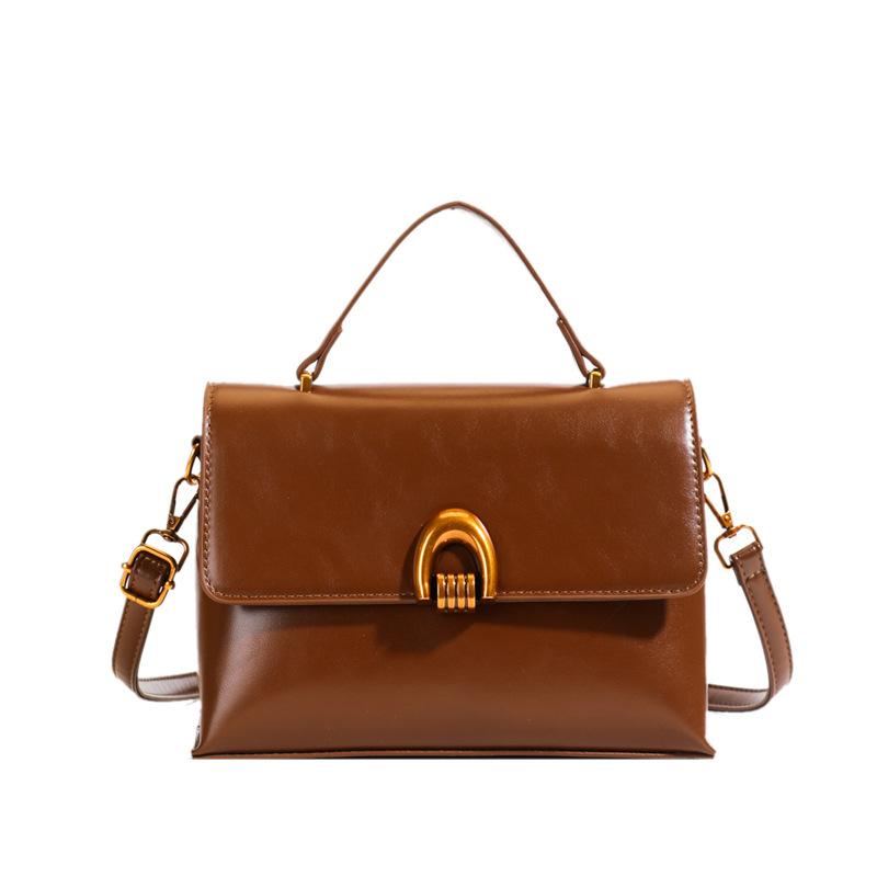 Autumn and winter new fashion oil wax leather small square bag simple lock handbag casual soft leather shoulder oblique span bag