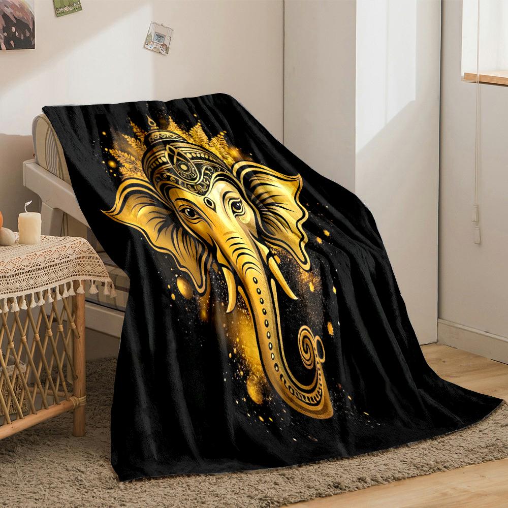 Golden Elephant Head On Black BackgroundFlannel Blanket for Bedroom, Living Room, Sofa, and Nap