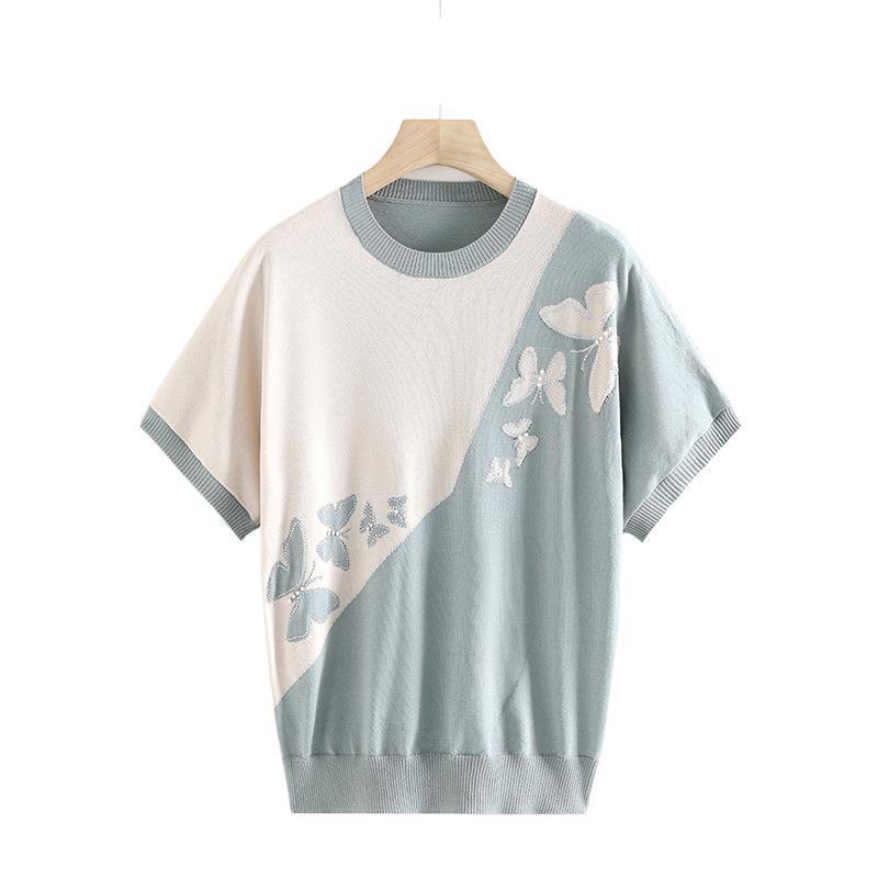 Mom's Summer Ice Silk Short-Sleeve Knit Top for Middle-Aged Women