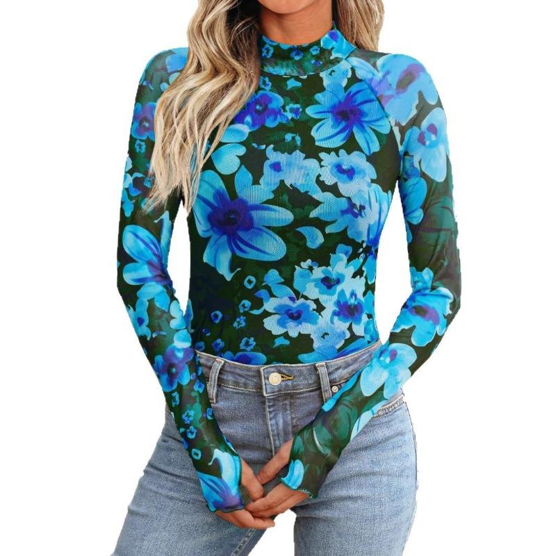 Damen Herbst Blumen Mesh Rundhals Langarm Mesh mit Daumenloch Mode Bottom Shirt Top