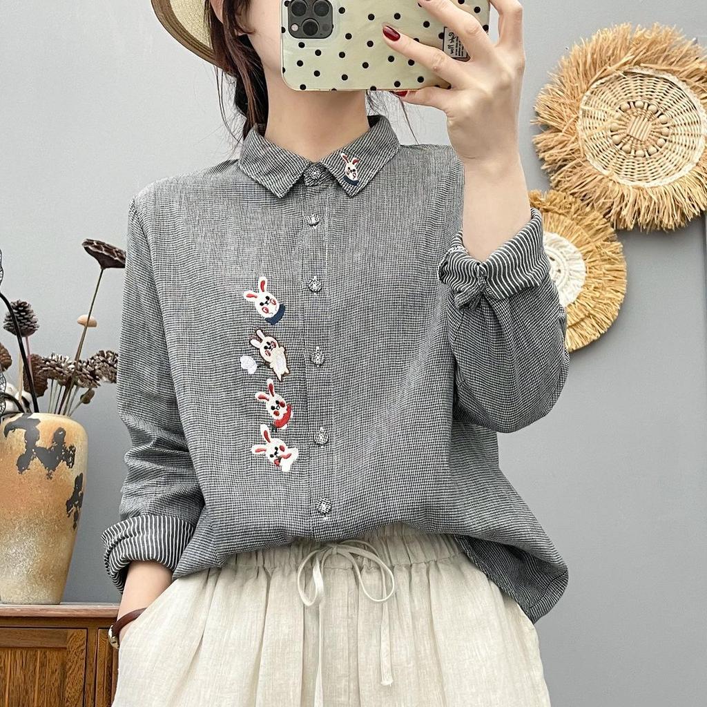 2026 Spring Korean Plaid Cartoon Embroidered Cotton Cardigan for Women