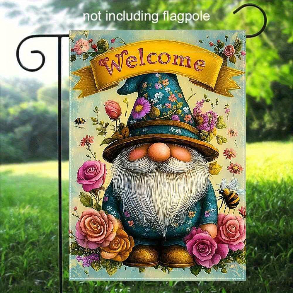 2D Flat, 1pc Double-Sided Printed Garden Flag, Linen Material, No Flagpole Included, 2D Flat Print, Garden Gnome Welcome Flag, 2D Flat