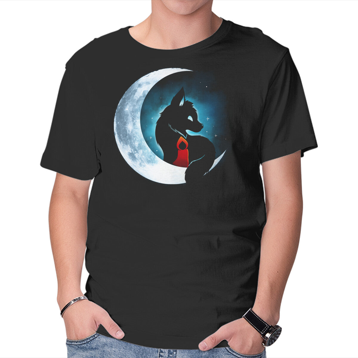 Unisex Crew Neck T-Shirt Red Wolf Moon Graphic Short Sleeve Casual Tee L
