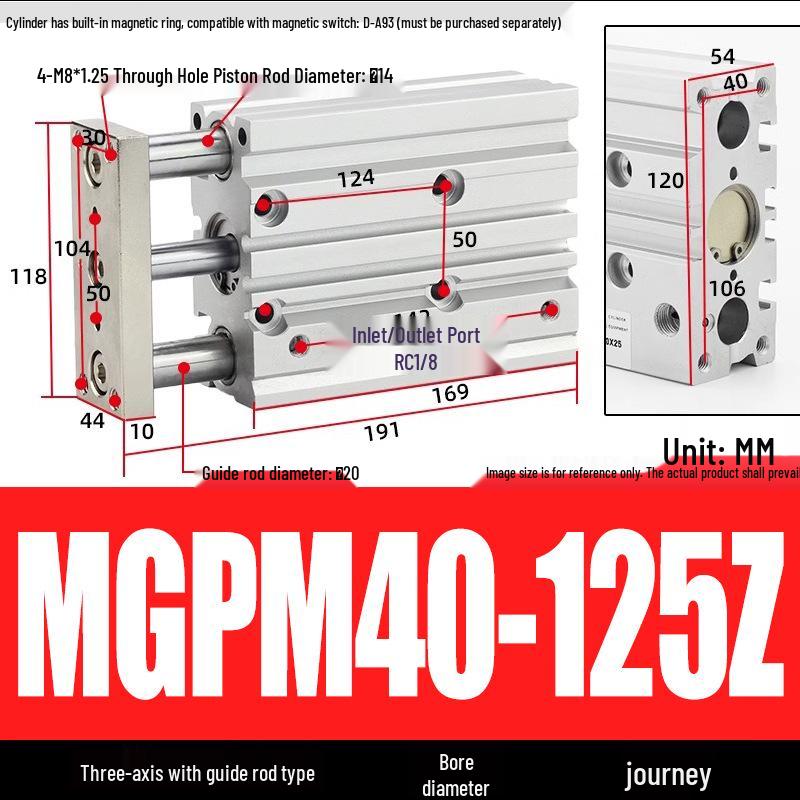 Compact Three-Axis Pneumatic Guided Rod Cylinder 12/16/20/25/32-10/20/40/50/75z