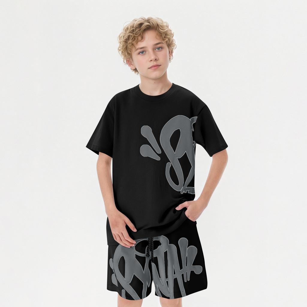 Kids Summer Short Sleeve T Shirt and Shorts Set Lightweight Breathable Casual Sportswear with Elastic Waistband and Printed Design for Boys Girls