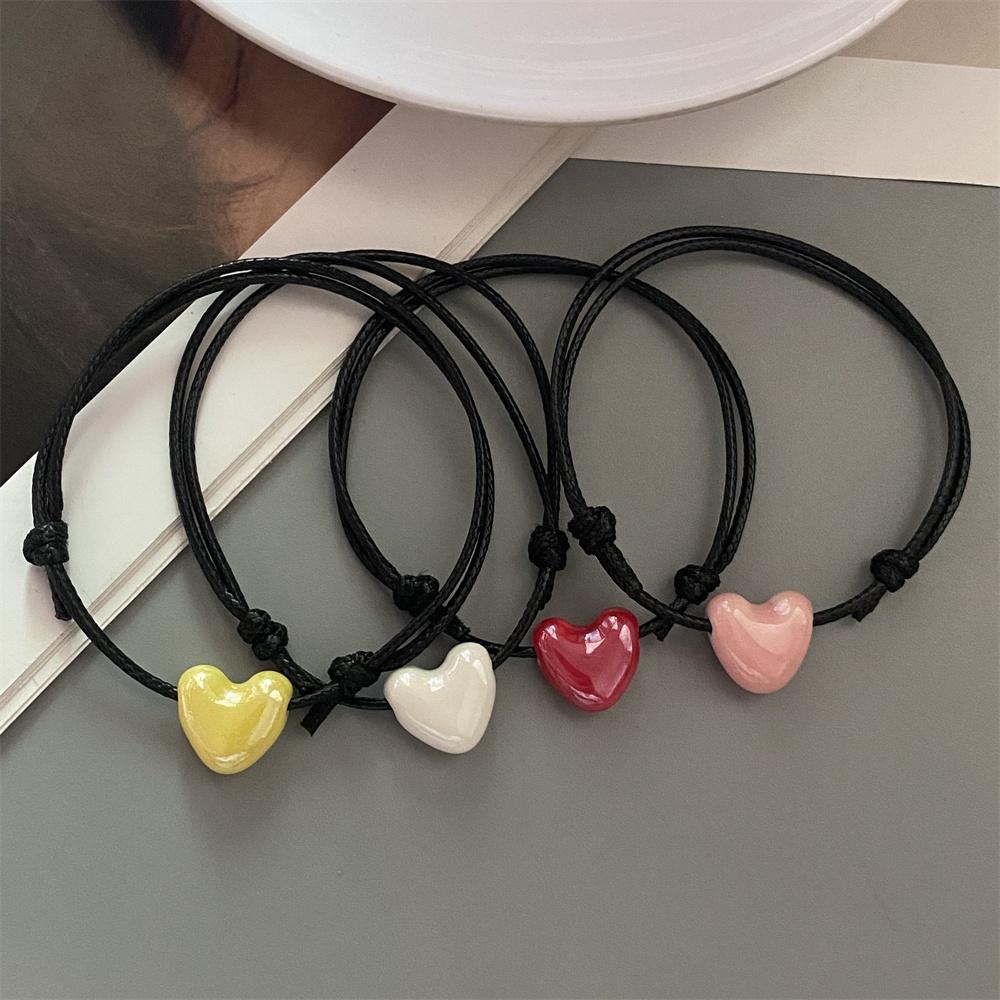 Ceramics Love Heart Bracelet Black Rope Adjustable Hand Bracelet for Girl Women Colorful Shiny Heart Accessories