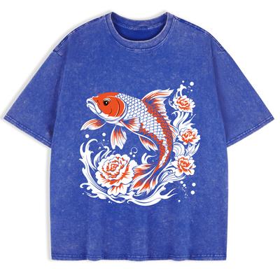 Japanese Koi Harajuku Printed Washed T-Shirts Mens Cotton Short Sleeve Tops Summer O-Neck Oversized T Shirt Clothes