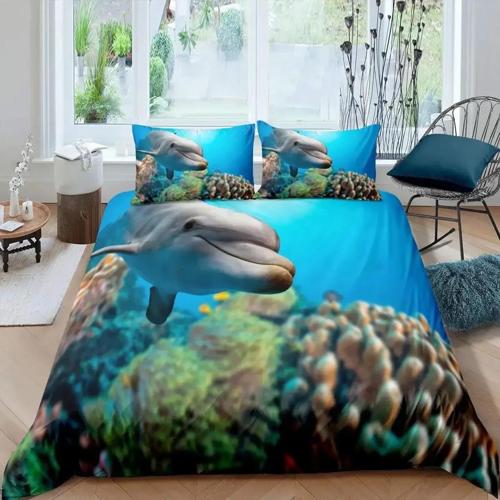 3D Dolphin In Blue Sea Queen King Size Bedding Sets Animal Single Quilt Duvet Cover Set Boys Adult Bed Polyester Bedclothes