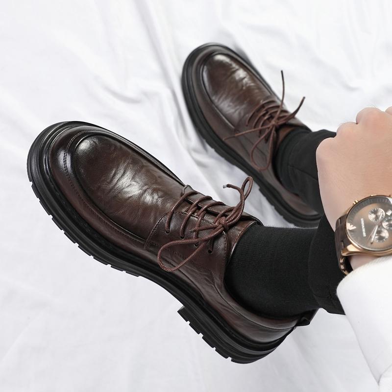 Fashion High Quality Men's Comfortable Leather British Style Thick Soled Business Dress Leather Shoe for Spring New Lace Up Oxford Shoes