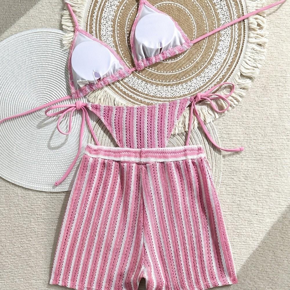Lace Up Bikini Bathing Suit Sleeveless Knitting Swimsuit Fashion 3 in 1 Swimwear Set Beach