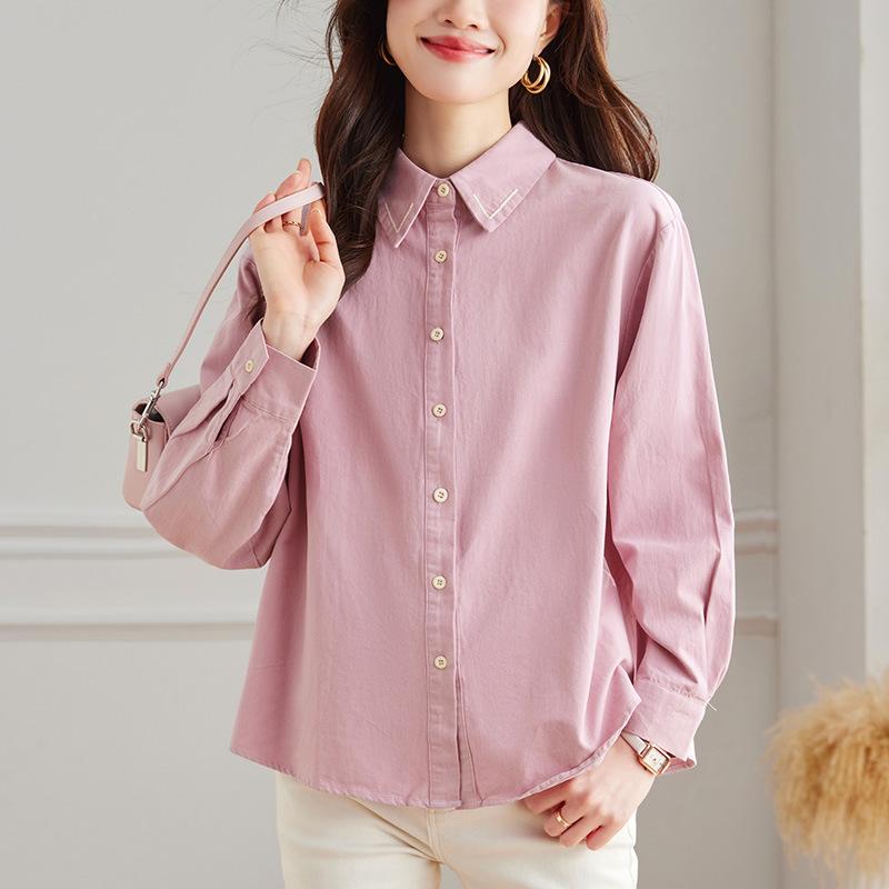 

Collar Craft Embroidery Versatile Shirt Women s Autumn Clothing Premium Solid Color Loose Long Sleeve Shirt Jacket Women XXL