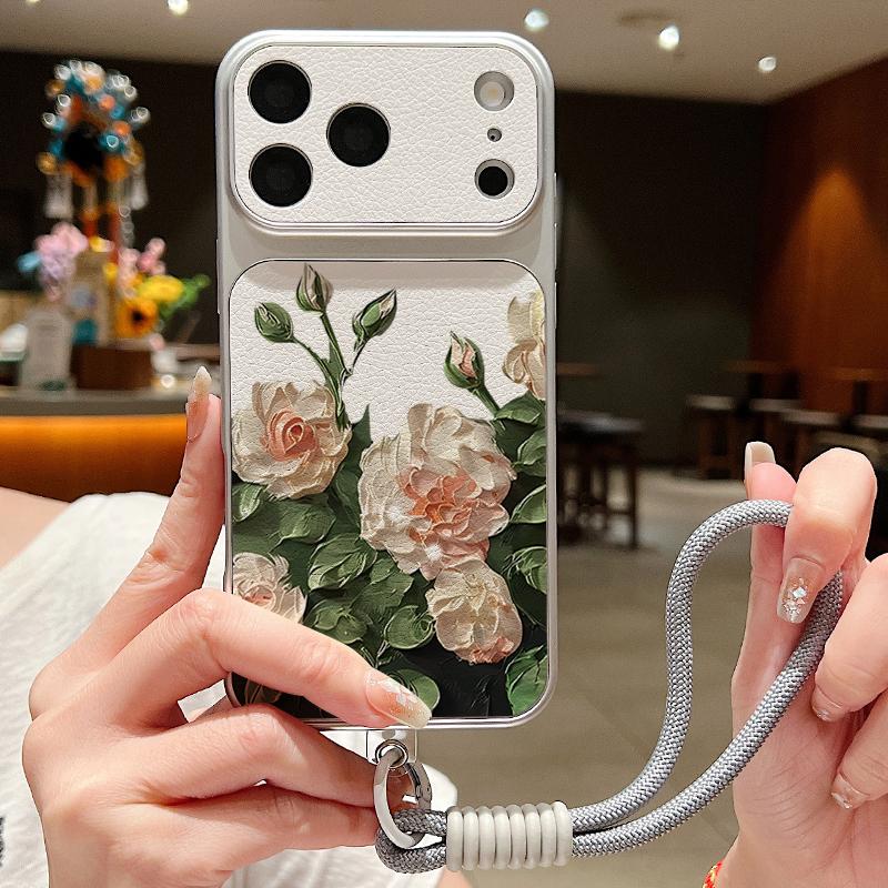 Black Lotus Floral Leather Lanyard Case For iPhone 18 Pro Max Hybrid TPU+PU Anti-skid Soft Cover For iPhone 17 16 15 14 13 Pro Max