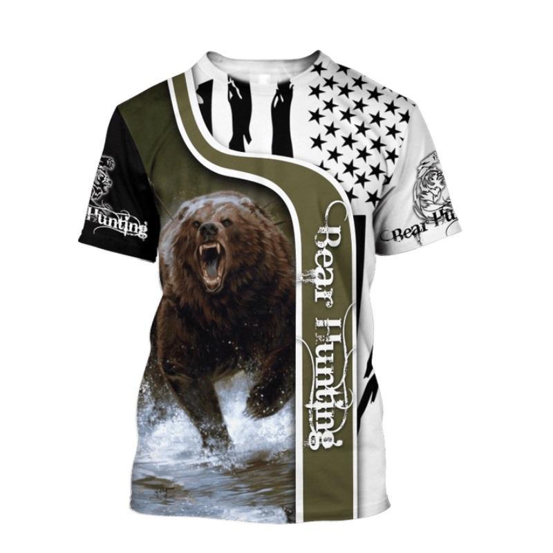 Mode Bärengrafik T-Shirts Sommer Trend Kurzarm O-Ausschnitt 3D Tiere Gedruckt Jäger T-Shirts Lässig Outdoor Sport Herren T-Shirts