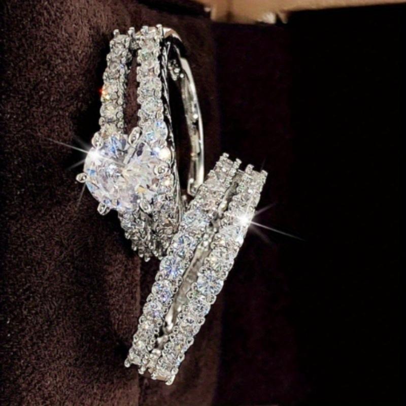 2item/A set of silver-plated rings inlaid with sparkling synthetic zirconium stones for engagement/Wedding ring, evening party decoration, luxurious
