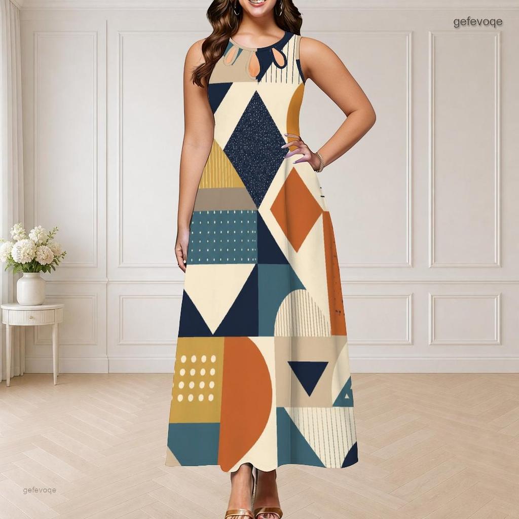 Women Plus Size Round Neck Triple Keyhole Sleeveless Geometric Printed Long Dress