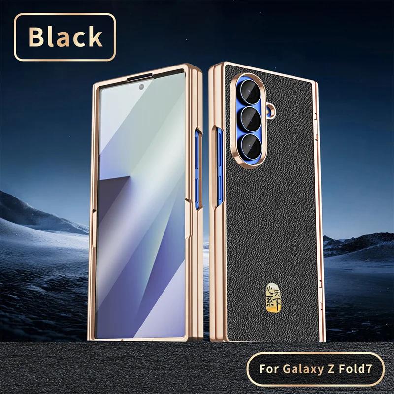 

Luxury Genuine Leather Plating Lychee Pattern Phone Cases for Samsung Galaxy Z Fold 7 6 5 with Hinge Screen Protect Film Cover Galaxy Z Fold5