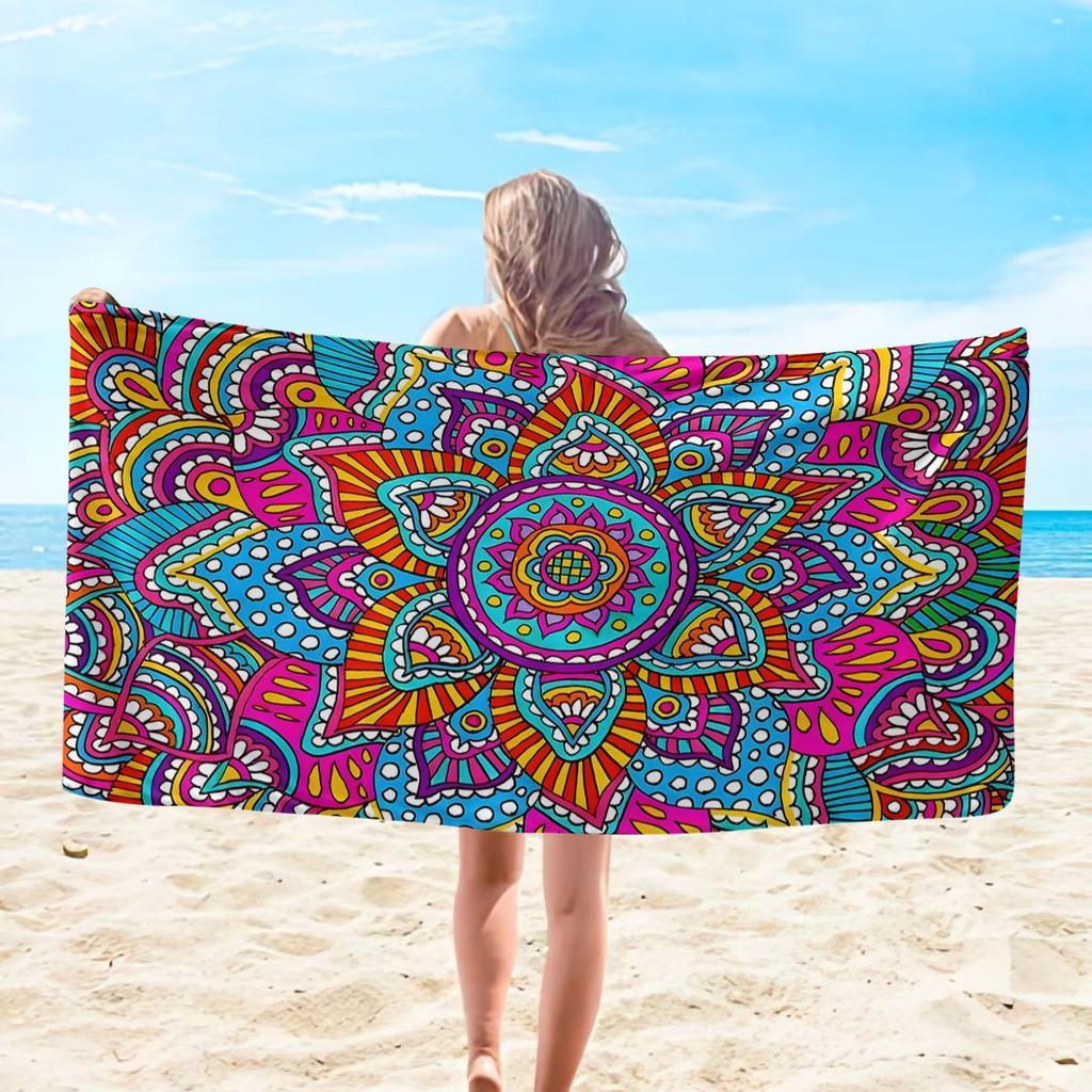 1 Pack Large Bohemian Mandala Beach Towel Suitable for Summer Swimming Pools, Soft Absorbent Microfiber with Bright Mandala