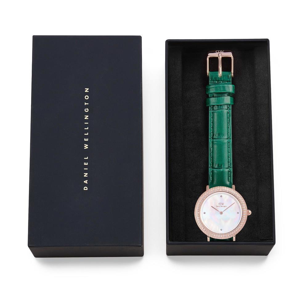 Danielwellingteon Crystalline Bezel Green Croc Women'S Leather Wristwatch