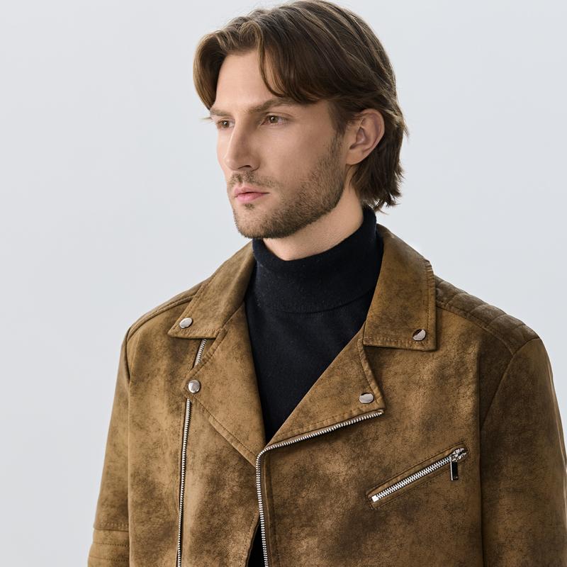 High-End Wildlederjacke Winter Herren Neu Amerikanisch Punk Hübsch Winddicht Herren Kleidung Männlich Retro Braun Reversjacke