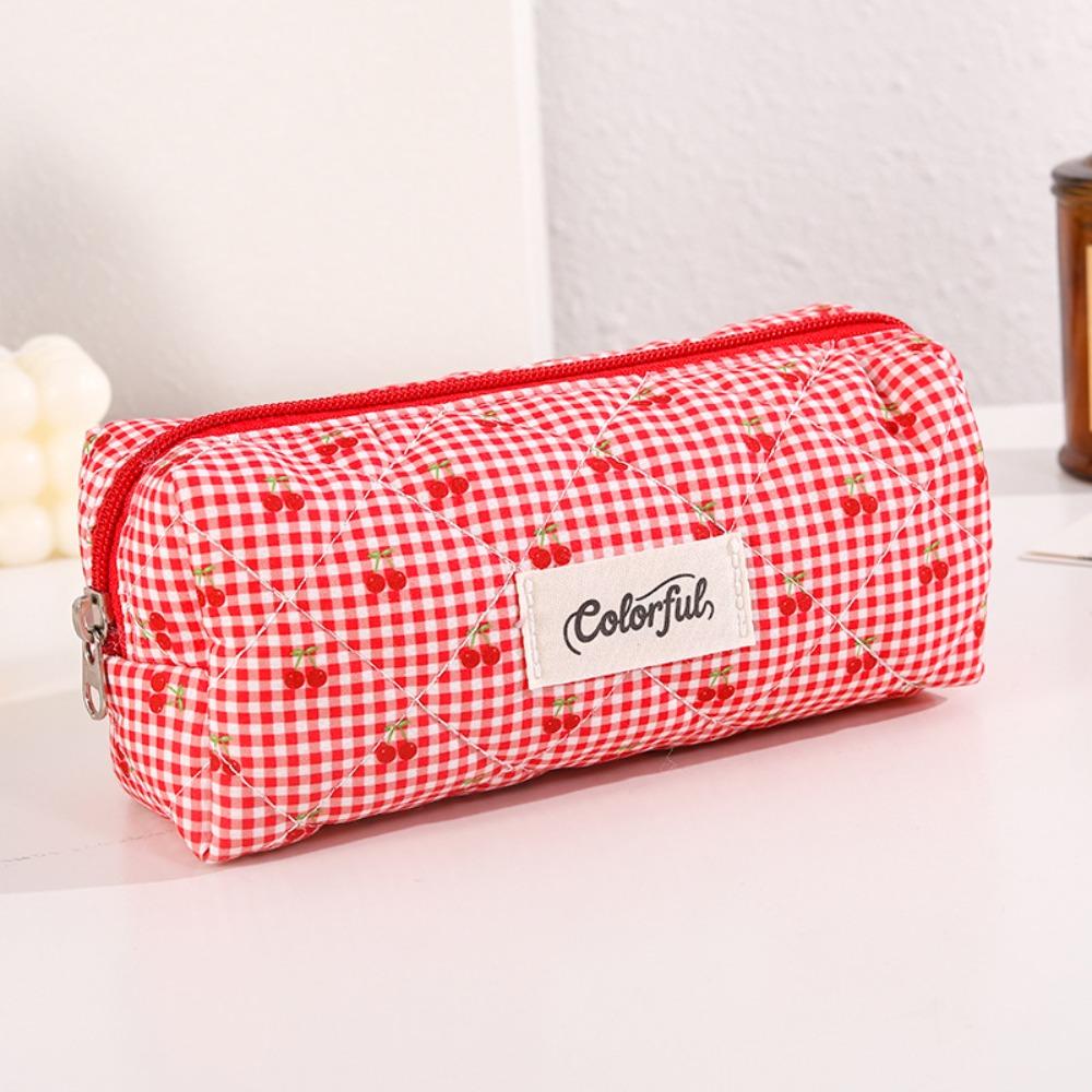 Nuovo Astuccio con Stampa Ciliegie a Quadri Grande Capacità Design con Zip Borsa per Penne Organizer Multifunzione per Cancelleria Scuola Ufficio