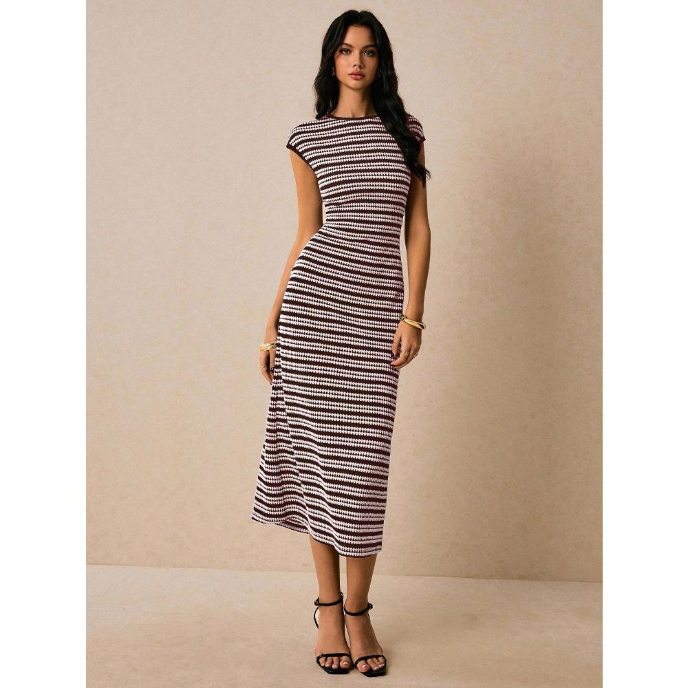 Fashionable Casual Multi-color Striped Fitted Round-neck Short-sleeved Long Dress for Ladies