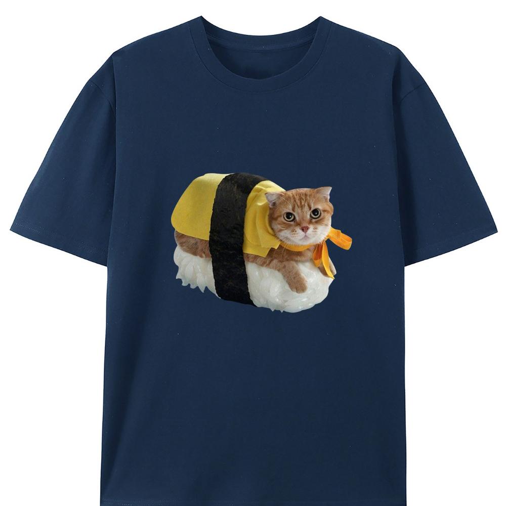 Sushi Cat Creative Design Round Neck TShirt Pure Summer Trendy Short Sleeves Casual Everyday Style Top