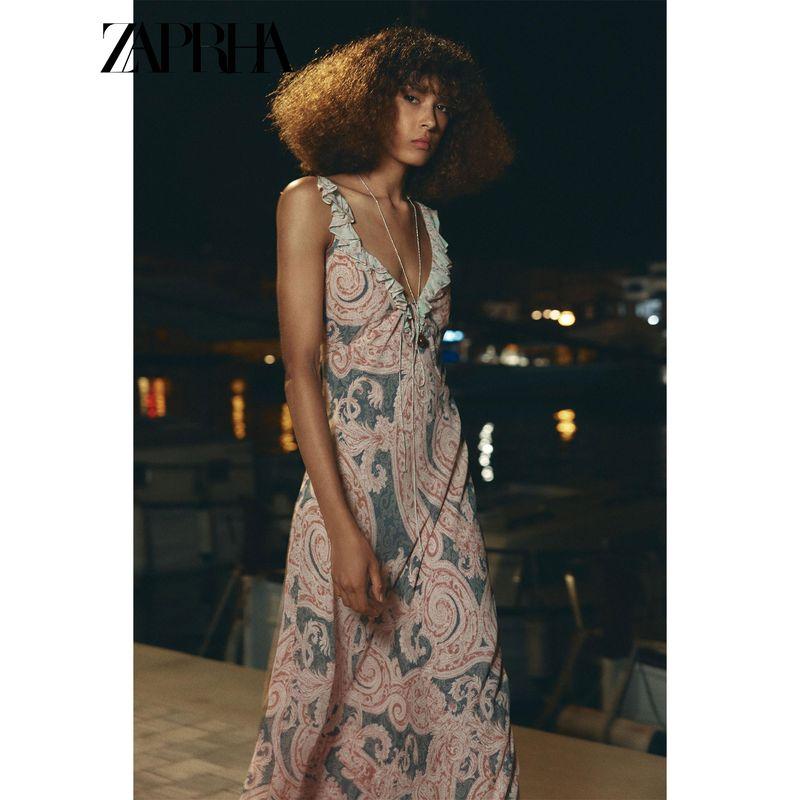 Zaprha Women clothes Laminated Decoration V-neck Sleeveless A- line Hem Print Underwear Dress 3545575