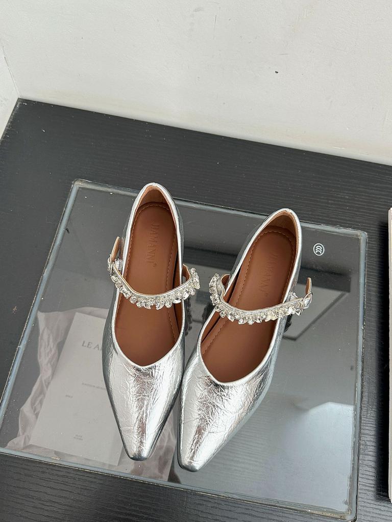 French retro small square head flat bottom shallow mouth inner height increase 5CM temperament rhinestone word with Mary Jane women's shoes