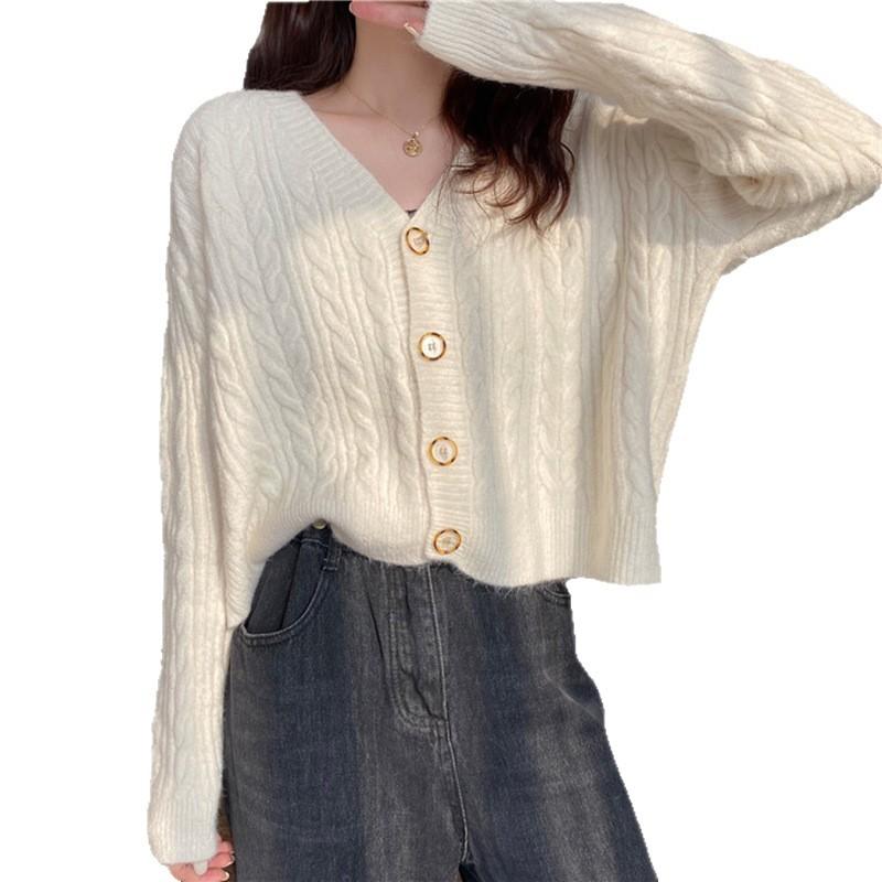 Autumn Design Sweater Twist V-Neck Short Long Sleeve Top Versatile Knitted Cardigan Loose Wind Jacket Women's Clothing
