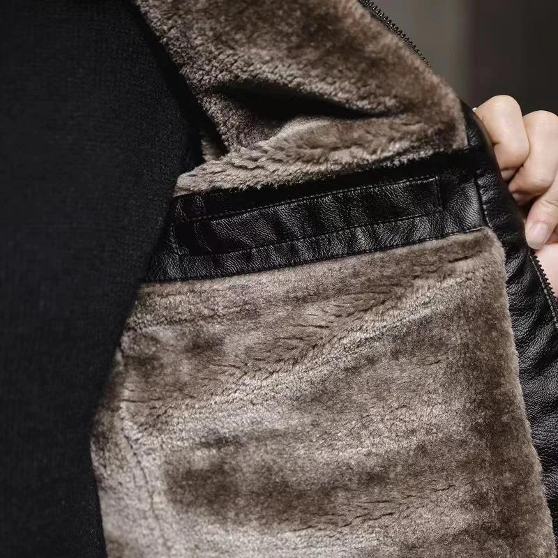 Winter Faux Fur Collar Windproof Warm Coat Men's Luxury Clothing Vintage Brown Leather Jacket Men's Brand Leather Jackets Men