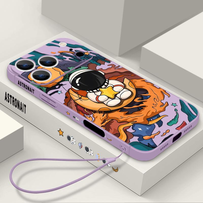 Cartoon Astronaut Pattern Lanyard Case For iPhone 17 Pro Max Funda iPhone 16 15 14 13 Pro Max 11 16E 17E Soft Silicone Cover