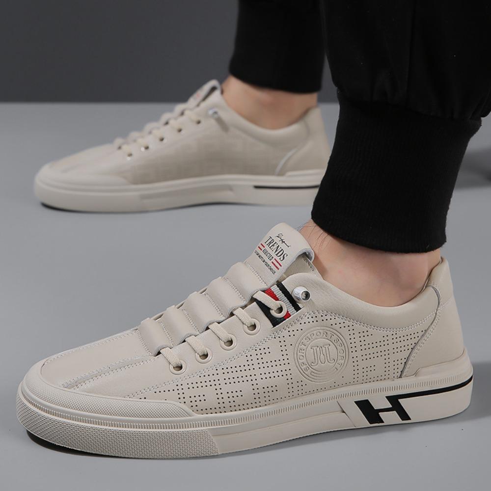 Mens Leather Casual Shoes Spring Summer Trendy Slip On Sneakers Breathable Hollow Out White Shoes