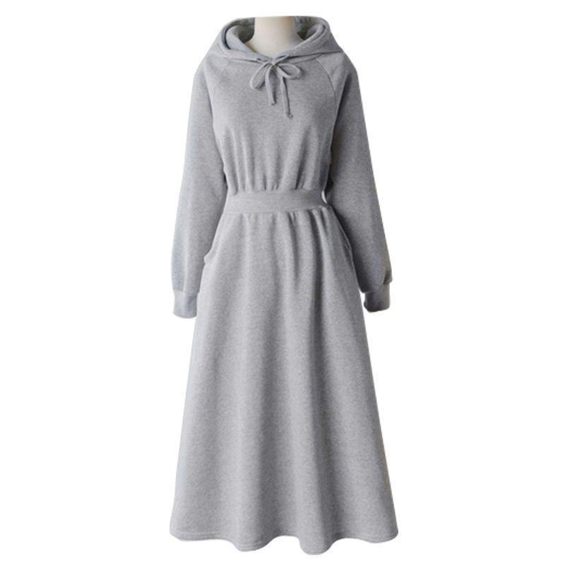 

Autumn Winter Casual Women Hooded Cotton Long Dress Long Sleeved Pullover Solid Hoodie Shirring A-Line Floor-Length Rib Dresses XXL сірий